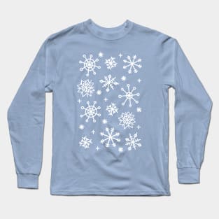 White Doodle Snowflake Pattern on a Light Blue Background, made by EndlessEmporium Long Sleeve T-Shirt